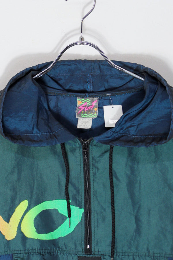 90'S NO FEAR GEAR NYLON PULLOVER HOODIE JACKET / GREEN/NAVY/NEON [SIZE: Approx. XL USED]