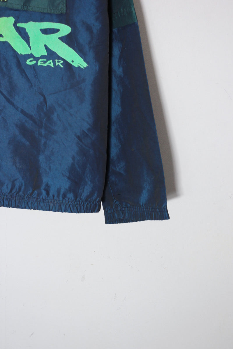 90'S NO FEAR GEAR NYLON PULLOVER HOODIE JACKET / GREEN/NAVY/NEON [SIZE: Approx. XL USED]