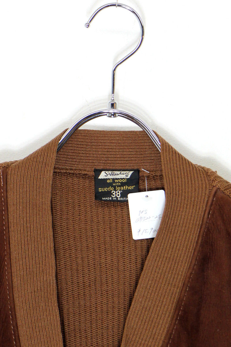 70'S SUEDE RIB KNIT SWITCHING CARDIGAN / BROWN [ SIZE: M equivalent USED ]