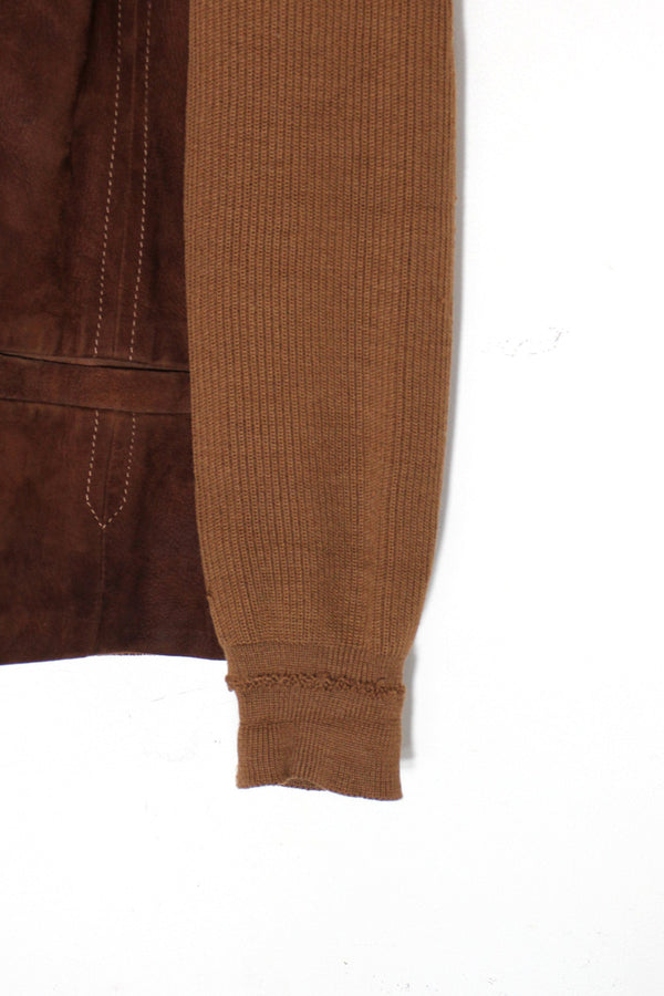 70'S SUEDE RIB KNIT SWITCHING CARDIGAN / BROWN [ SIZE: M equivalent USED ]