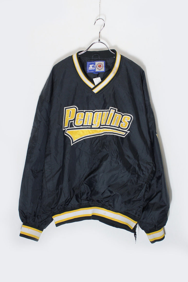 NHL PENGUINS V-NECK PULLOVER NYLON JACKET / BLACK/YELLOW [SIZE: XL USED]