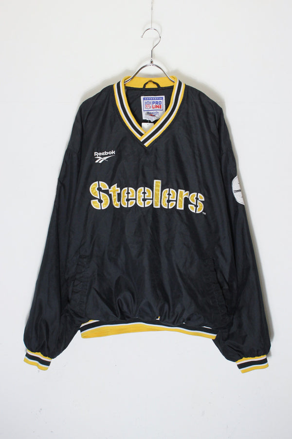90's NFL STEELERS V-NECK PULLOVER NYLON JACKET / BLACK/YELLOW [SIZE: L USED]
