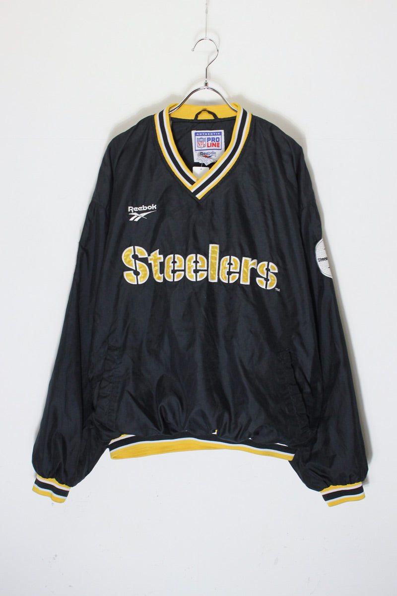 90'S NFL STEELERS V-NECK PULLOVER NYLON JACKET / BLACK/YELLOW [SIZE: L USED]