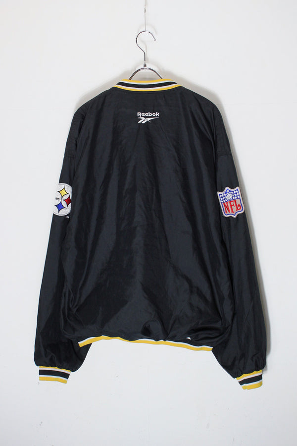 90's NFL STEELERS V-NECK PULLOVER NYLON JACKET / BLACK/YELLOW [SIZE: L USED]