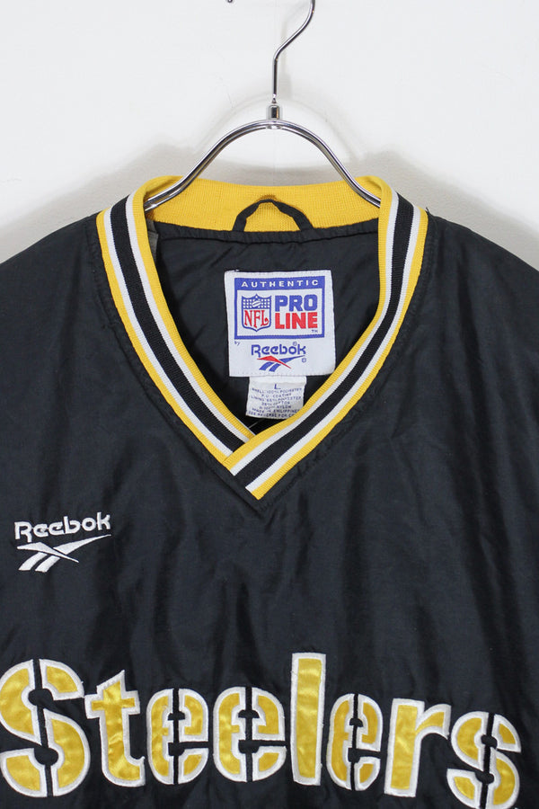 90's NFL STEELERS V-NECK PULLOVER NYLON JACKET / BLACK/YELLOW [SIZE: L USED]
