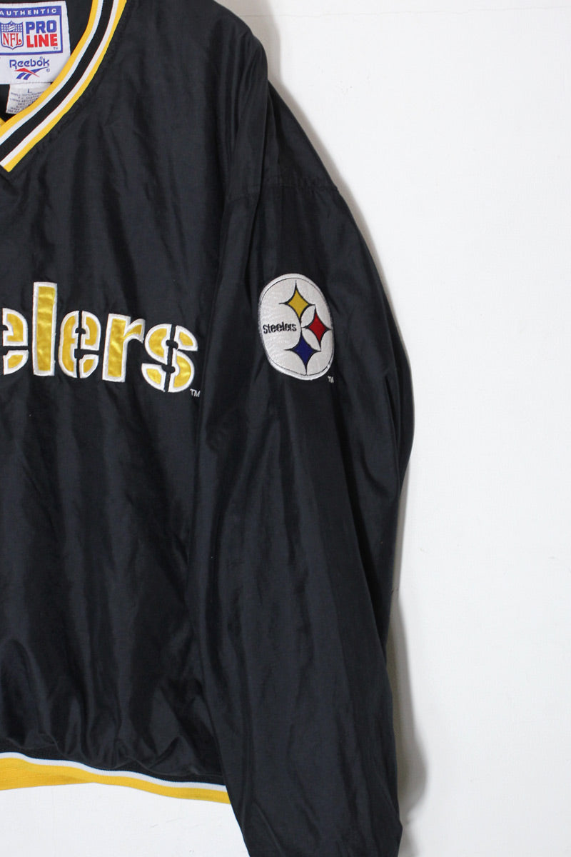 90's NFL STEELERS V-NECK PULLOVER NYLON JACKET / BLACK/YELLOW [SIZE: L USED]
