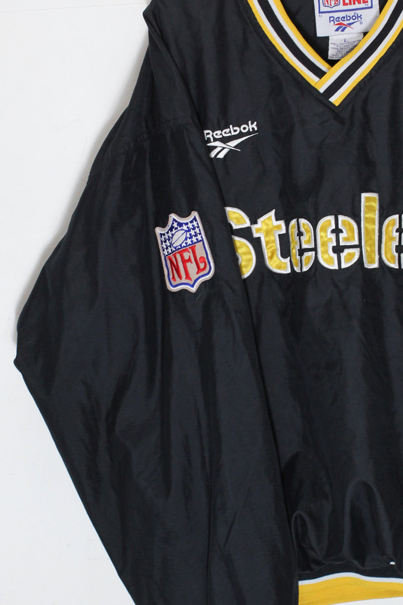 90's NFL STEELERS V-NECK PULLOVER NYLON JACKET / BLACK/YELLOW [SIZE: L USED]