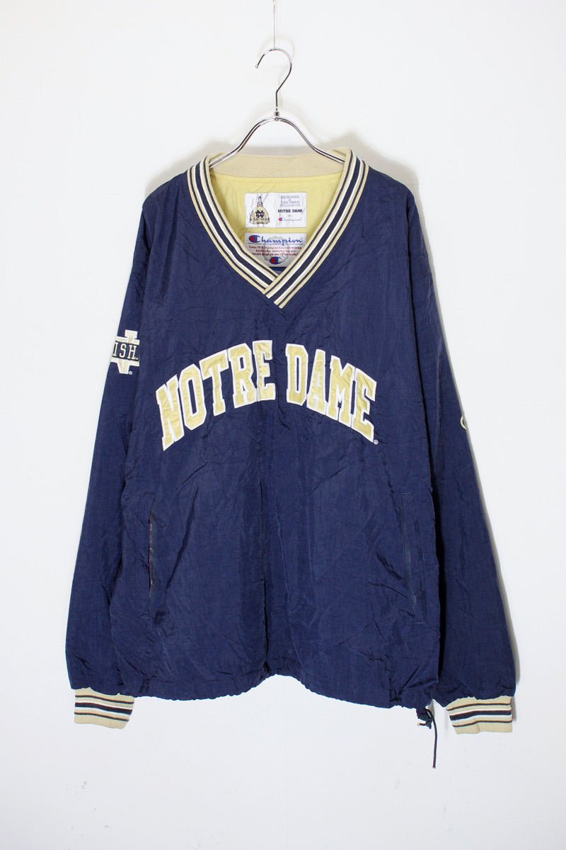 90'S NOTRE DAME V-NECK PULLOVER NYLON JACKET / NAVY/BEIGE [SIZE: L USED]