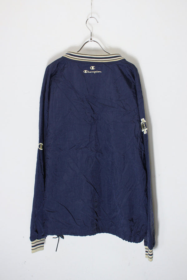 90'S NOTRE DAME V-NECK PULLOVER NYLON JACKET / NAVY/BEIGE [SIZE: L USED]
