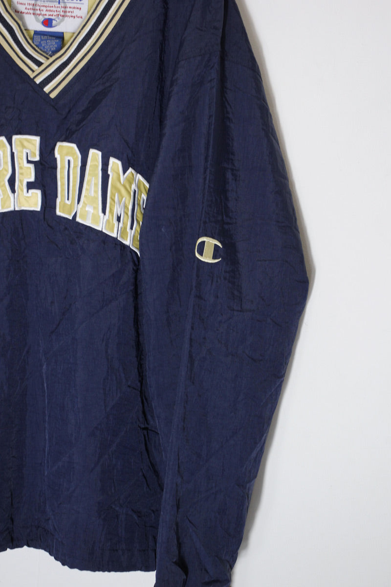 90'S NOTRE DAME V-NECK PULLOVER NYLON JACKET / NAVY/BEIGE [SIZE: L USED]