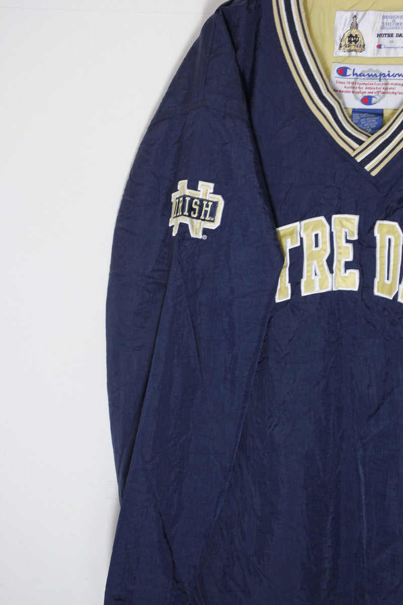 90'S NOTRE DAME V-NECK PULLOVER NYLON JACKET / NAVY/BEIGE [SIZE: L USED]