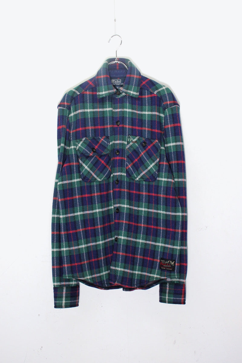 90'S L/S COTTON WOOL CHECK SHIRT W/LEATHER PATCH / NAVY / GREEN［ SIZE: S USED ]