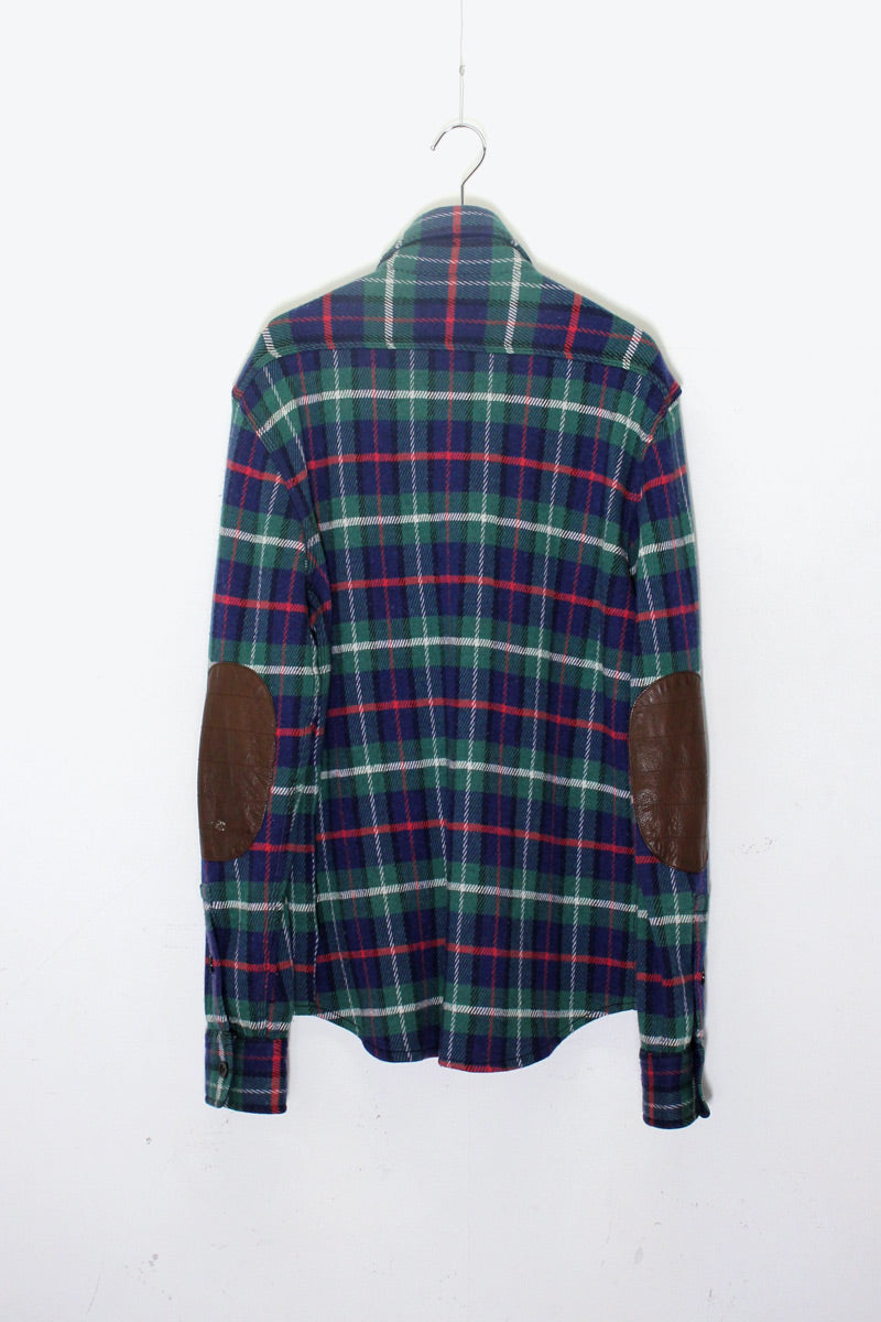 90'S L/S COTTON WOOL CHECK SHIRT W/LEATHER PATCH / NAVY / GREEN [ SIZE: S USED ]