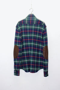 90'S L/S COTTON WOOL CHECK SHIRT W/LEATHER PATCH / NAVY / GREEN［ SIZE: S USED ]