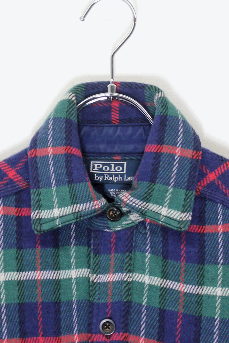 90'S L/S COTTON WOOL CHECK SHIRT W/LEATHER PATCH / NAVY / GREEN [ SIZE: S USED ]