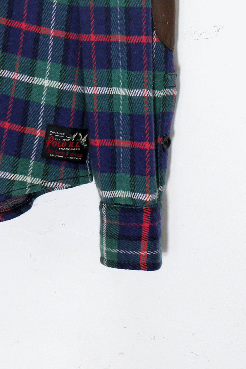 90'S L/S COTTON WOOL CHECK SHIRT W/LEATHER PATCH / NAVY / GREEN [ SIZE: S USED ]