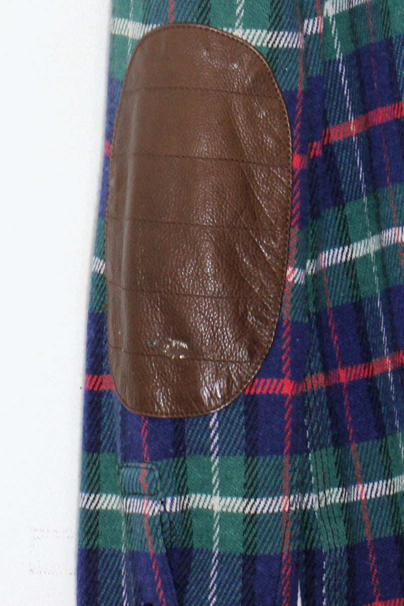 90'S L/S COTTON WOOL CHECK SHIRT W/LEATHER PATCH / NAVY / GREEN [ SIZE: S USED ]