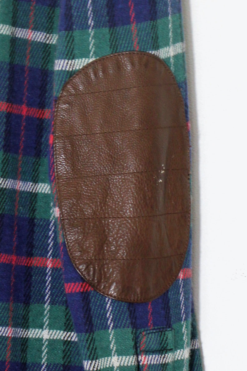 90'S L/S COTTON WOOL CHECK SHIRT W/LEATHER PATCH / NAVY / GREEN [ SIZE: S USED ]