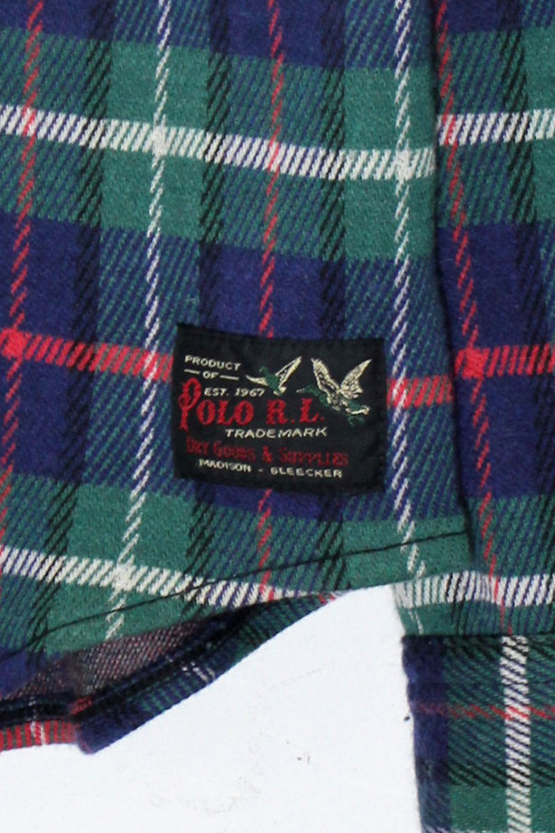 90'S L/S COTTON WOOL CHECK SHIRT W/LEATHER PATCH / NAVY / GREEN [ SIZE: S USED ]