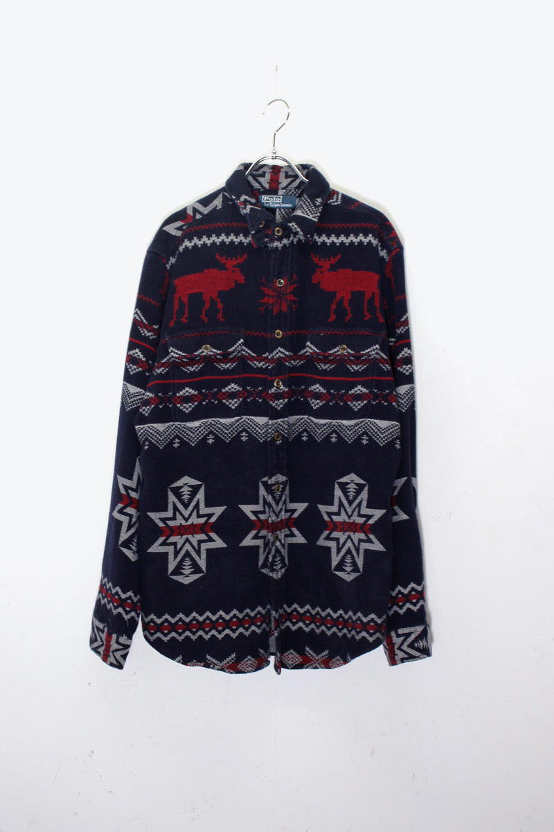 90'S L/S NORDIC PATTERN WORK SHIRT JACKET / NAVY / RED［ SIZE: L USED ]