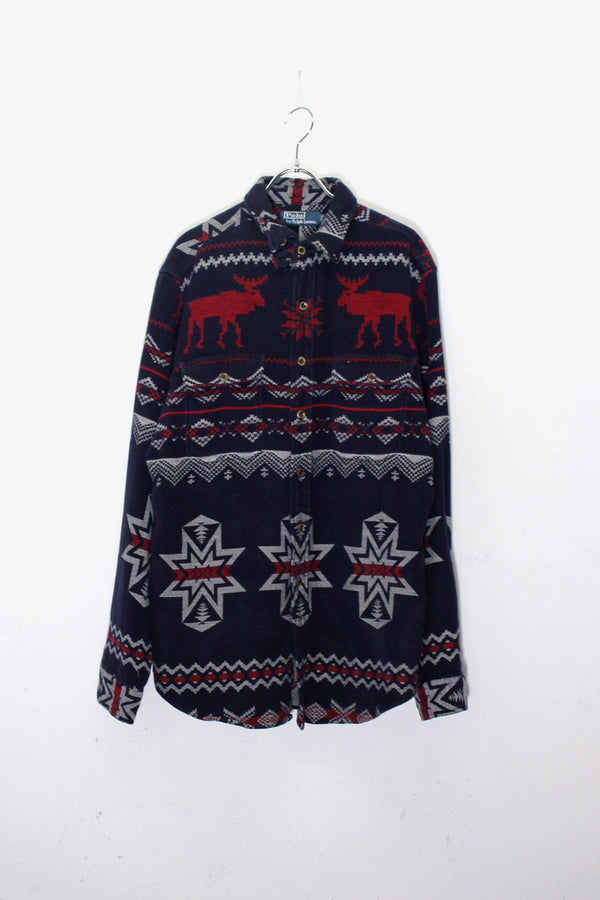 90'S L/S NORDIC PATTERN WORK SHIRT JACKET / NAVY / RED [ SIZE: L USED ]