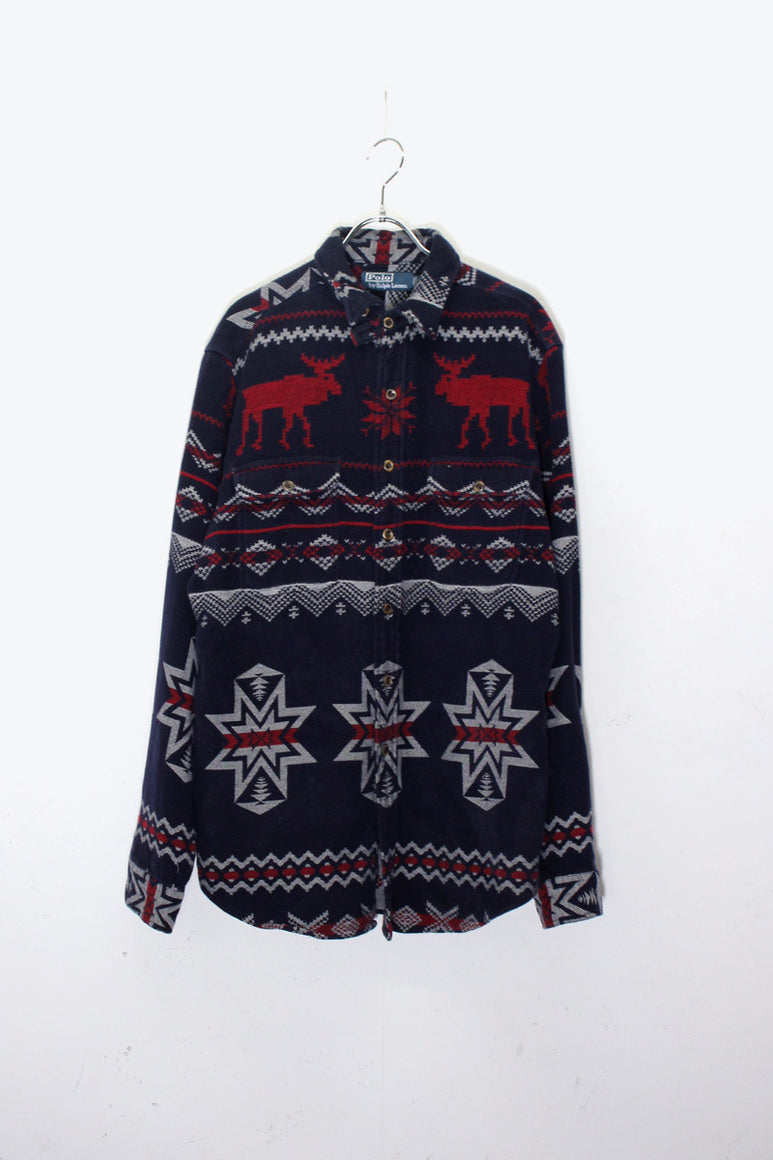 90'S L/S NORDIC PATTERN WORK SHIRT JACKET / NAVY / RED［ SIZE: L USED ]