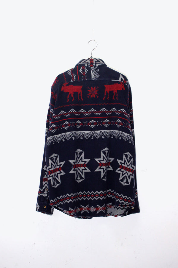 90'S L/S NORDIC PATTERN WORK SHIRT JACKET / NAVY / RED [ SIZE: L USED ]