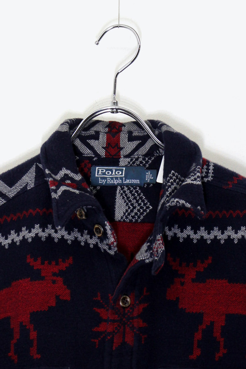 90'S L/S NORDIC PATTERN WORK SHIRT JACKET / NAVY / RED［ SIZE: L USED ]