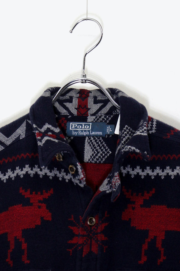90'S L/S NORDIC PATTERN WORK SHIRT JACKET / NAVY / RED [ SIZE: L USED ]