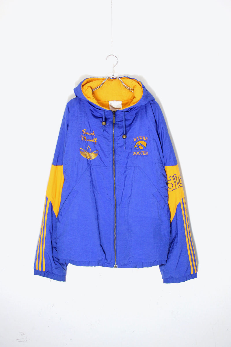 90'S HAWKS SOCCER EMBROIDERY ZIP NYLON HOODIE PUFF JACKET / BLUE / ORANGE [ SIZE:L USED ]