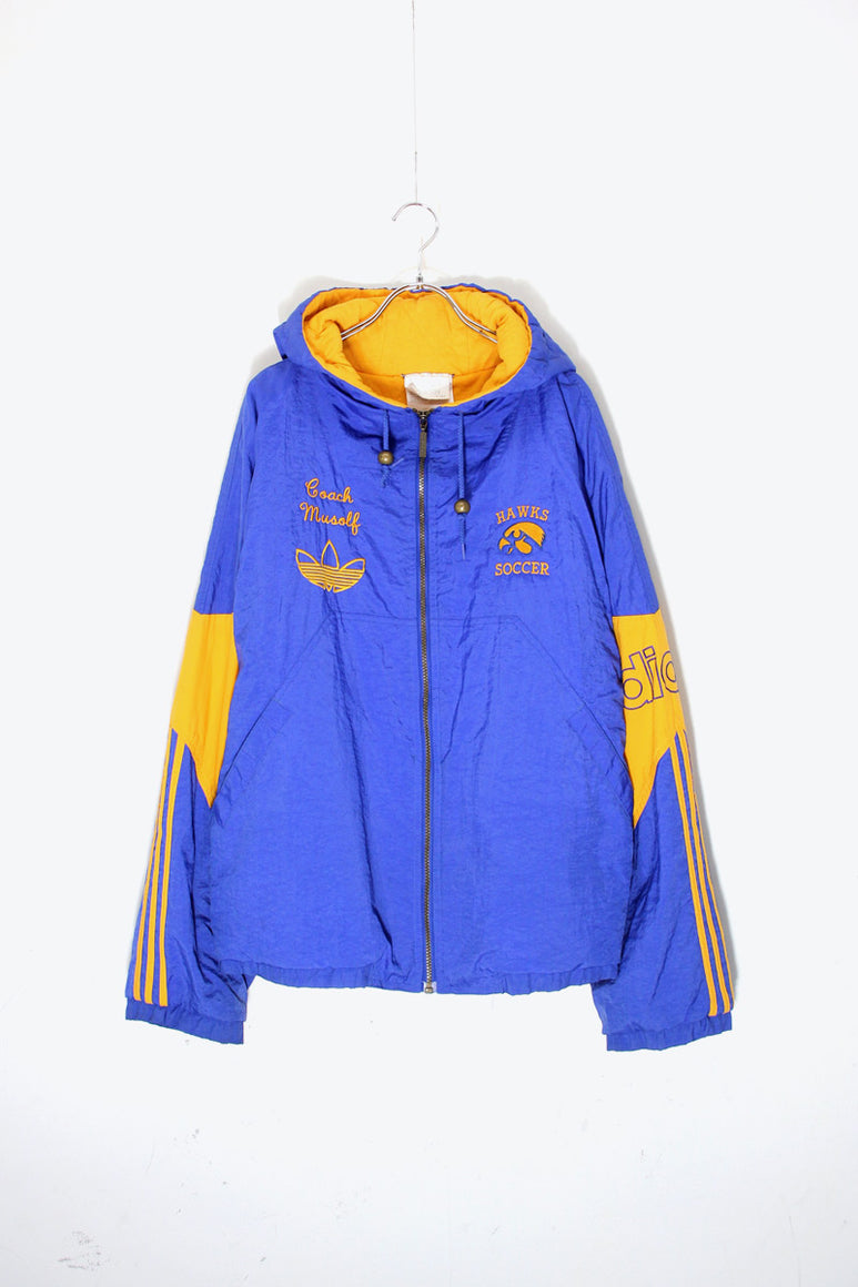 90'S HAWKS SOCCER EMBROIDERY ZIP NYLON HOODIE PUFF JACKET / BLUE / ORANGE［ SIZE:L USED ]
