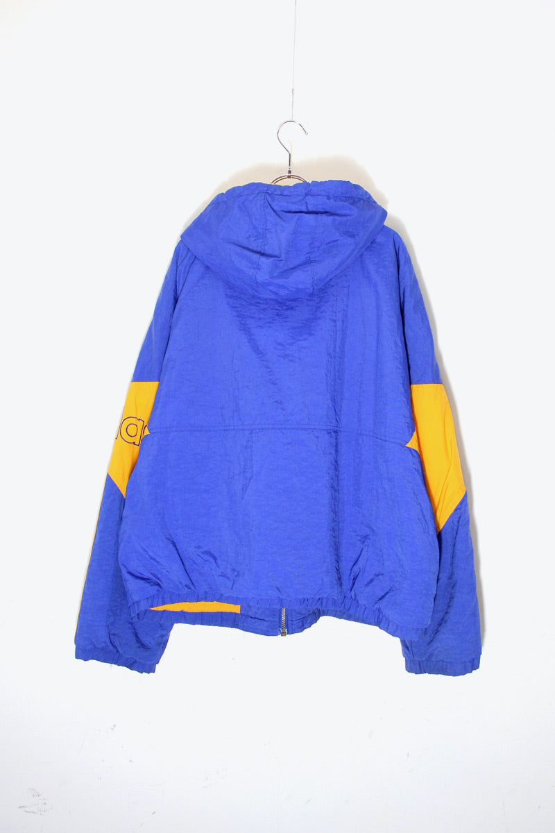 90'S HAWKS SOCCER EMBROIDERY ZIP NYLON HOODIE PUFF JACKET / BLUE / ORANGE [ SIZE:L USED ]