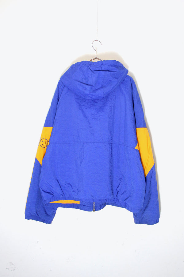 90'S HAWKS SOCCER EMBROIDERY ZIP NYLON HOODIE PUFF JACKET / BLUE / ORANGE [ SIZE:L USED ]