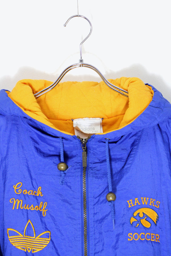 90'S HAWKS SOCCER EMBROIDERY ZIP NYLON HOODIE PUFF JACKET / BLUE / ORANGE [ SIZE:L USED ]