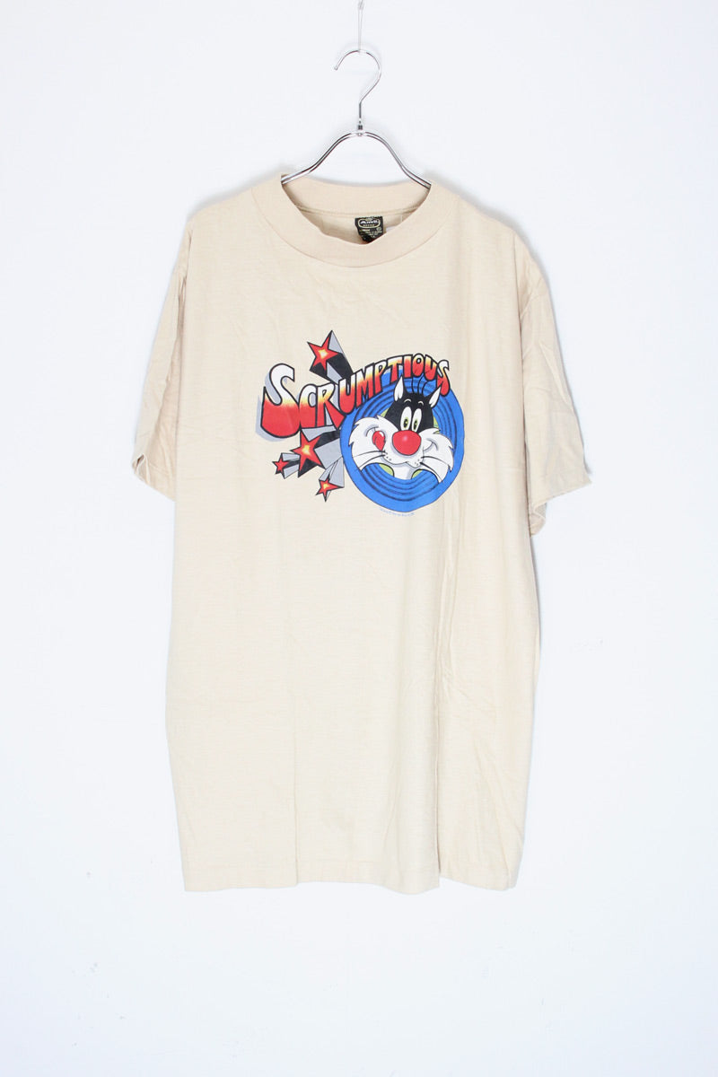 MADE IN USA 80'S SCRUMPTIOUS SYLVESTER CAT PRINT CHARACTER T-SHIRT / BEIGE [SIZE: XL DEADSTOCK/NOS]