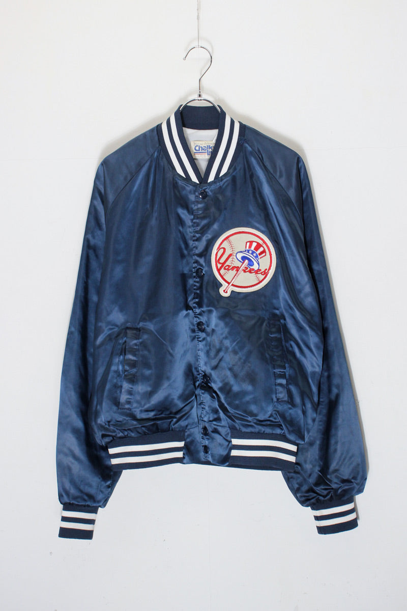 MADE IN USA 90'S MLB NY YANKEES NYLON STADIUM JACKET / NAVY [SIZE: L USED]
