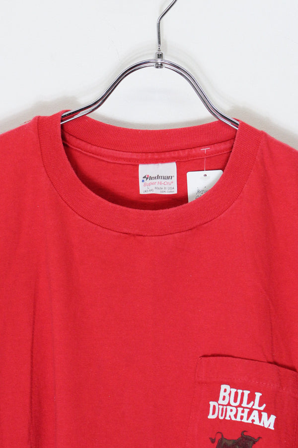 MADE IN USA 90'S S/S BULL DURHAM PRINT POCKET T-SHIRT / RED [SIZE: L USED]