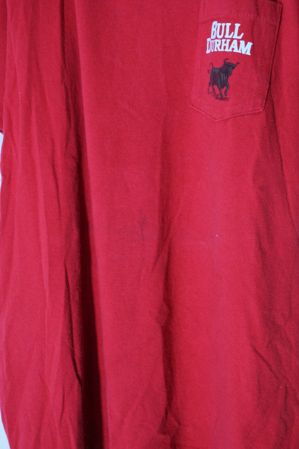 MADE IN USA 90'S S/S BULL DURHAM PRINT POCKET T-SHIRT / RED [SIZE: L USED]