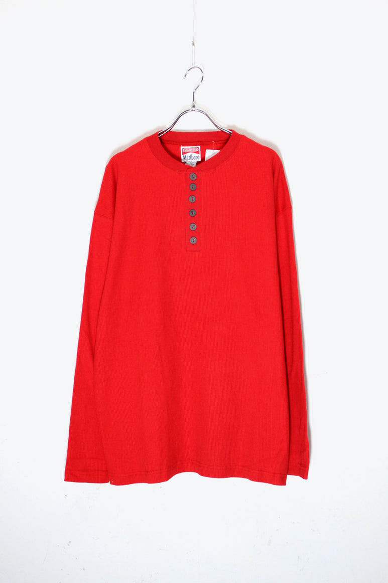 L/S HENLEY NECK T-SHIRT DEADSTOCK/NOS / RED［ SIZE:S USED ]