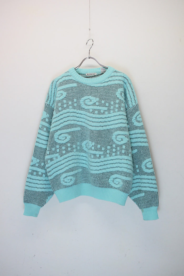 90'S ACRYLIC DESIGN KNIT SWEATER / BLUE [SIZE: L USED]