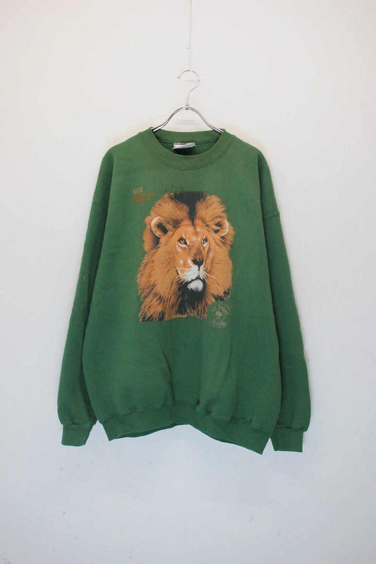 MADE IN USA 01'S LION ANIMAL PRINT SWEATSHIRT / GREEN [SIZE: XL USED]