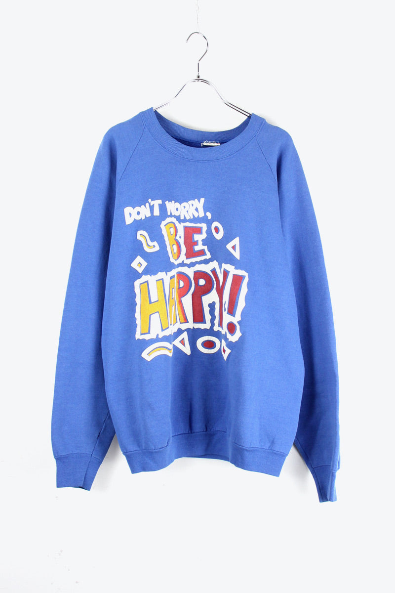 MADE IN USA 90'S BE HAPPY MESSEGE SWEAT SHIRT / BLUE [SIZE: XL USED]