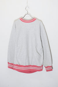 MADE IN USA 90'S RIB LINE LOGO EMBROIDERY REVERSE WEAVE SWEATSHIRT / GREY/PINK [SIZE: L USED]