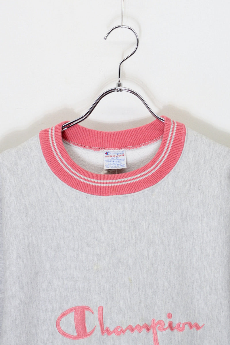 MADE IN USA 90'S RIB LINE LOGO EMBROIDERY REVERSE WEAVE SWEATSHIRT / GREY/PINK [SIZE: L USED]