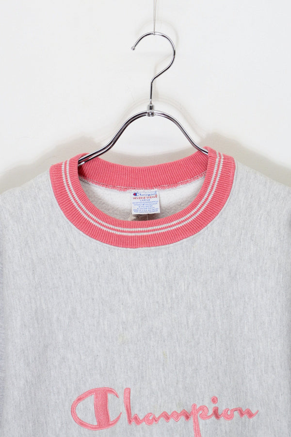 MADE IN USA 90'S RIB LINE LOGO EMBROIDERY REVERSE WEAVE SWEATSHIRT / GREY/PINK [SIZE: L USED]