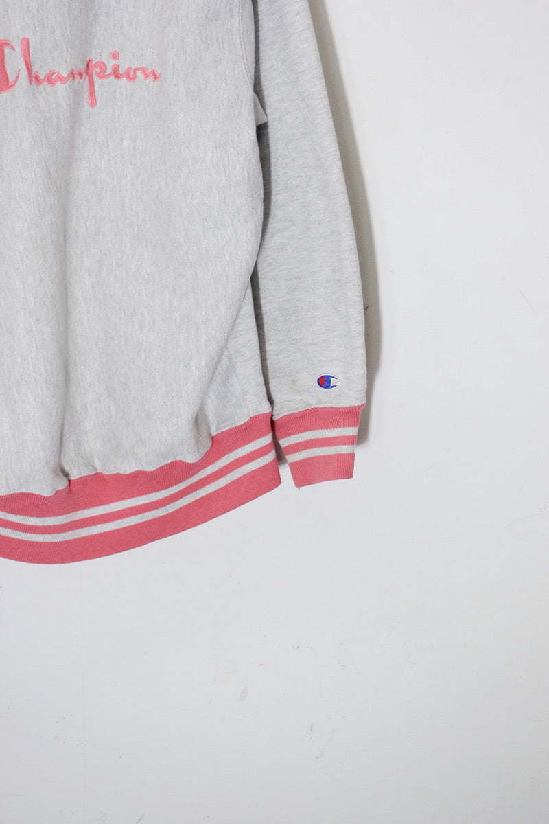 MADE IN USA 90'S RIB LINE LOGO EMBROIDERY REVERSE WEAVE SWEATSHIRT / GREY/PINK [SIZE: L USED]