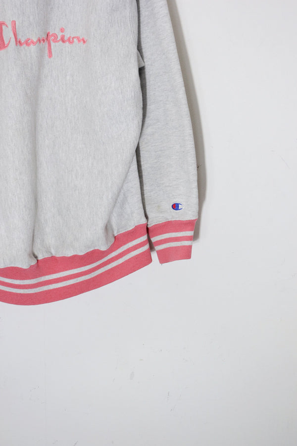 MADE IN USA 90'S RIB LINE LOGO EMBROIDERY REVERSE WEAVE SWEATSHIRT / GREY/PINK [SIZE: L USED]