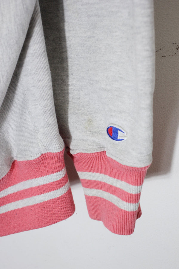MADE IN USA 90'S RIB LINE LOGO EMBROIDERY REVERSE WEAVE SWEATSHIRT / GREY/PINK [SIZE: L USED]