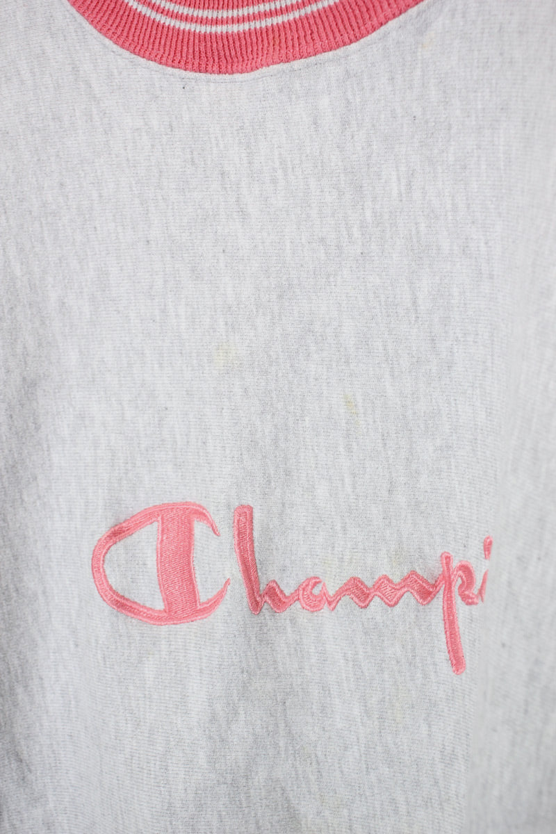 MADE IN USA 90'S RIB LINE LOGO EMBROIDERY REVERSE WEAVE SWEATSHIRT / GREY/PINK [SIZE: L USED]