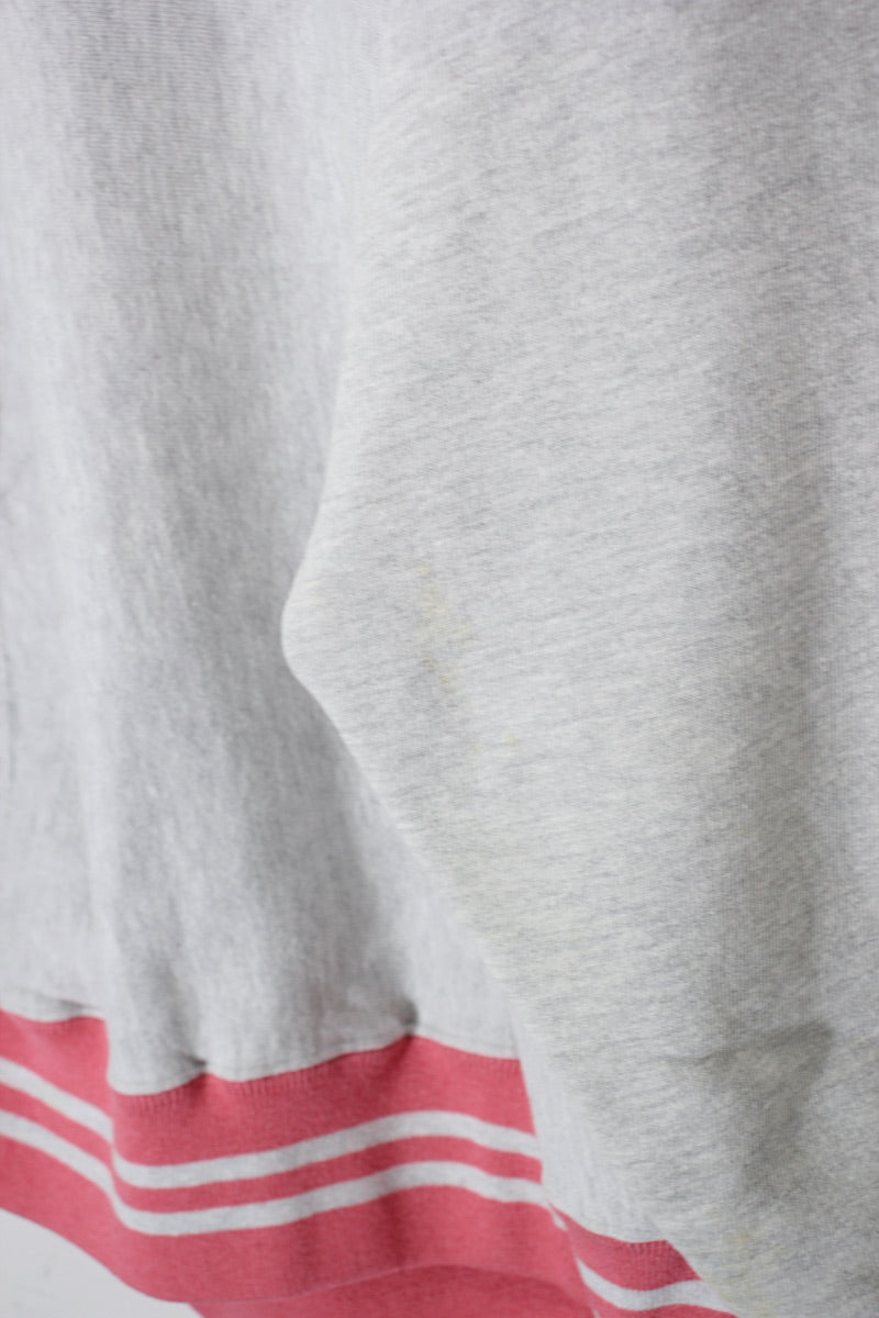 MADE IN USA 90'S RIB LINE LOGO EMBROIDERY REVERSE WEAVE SWEATSHIRT / GREY/PINK [SIZE: L USED]